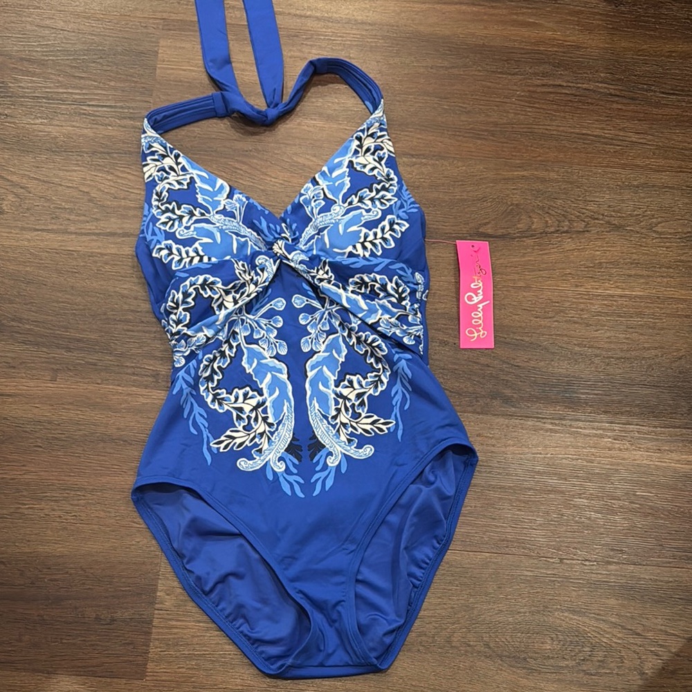 Lilly Pulitzer Blue and White One Piece Swimsuit with Halter Straps